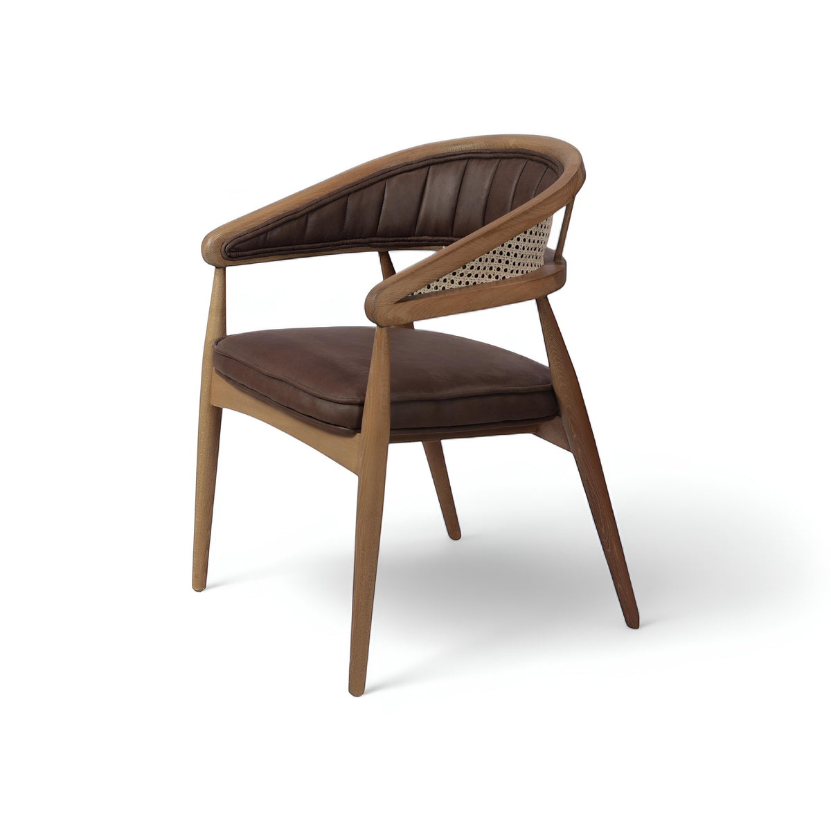 Front angled view of the Vaya Home Morbido dining chair with a woven cane back, dark brown seat cushion, and curved wood frame.