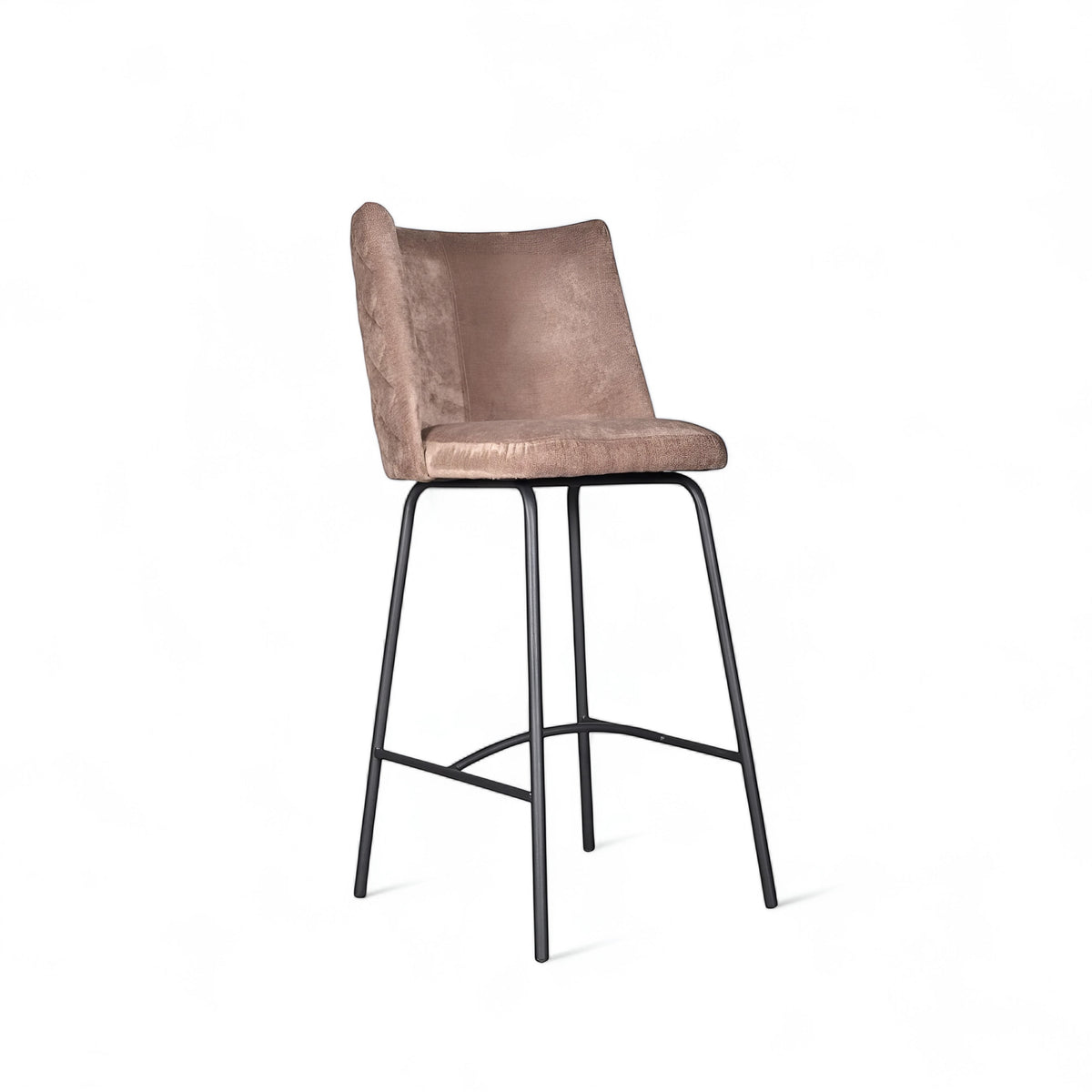 Front angled view of the Vaya Home Morkrod bar stool with beige quilted upholstery and black metal legs.