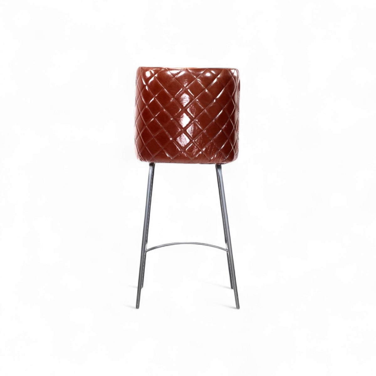 Back view of the Vaya Home Morkrod bar stool featuring dark brown quilted upholstery and black metal legs.
