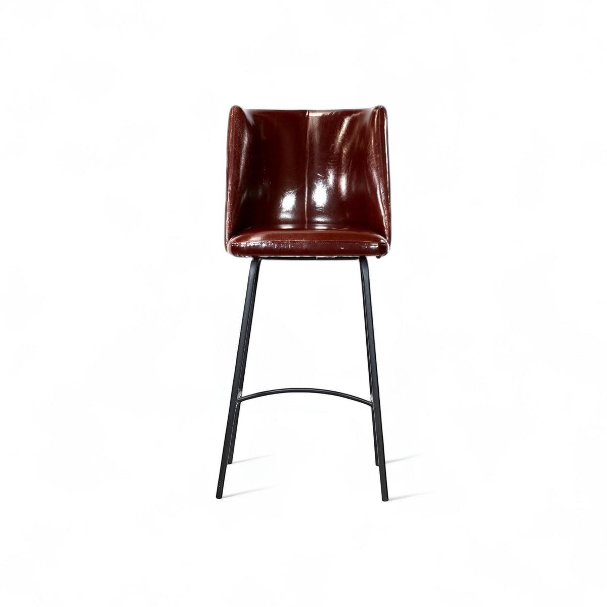 Front view of the Vaya Home Morkrod bar stool with dark brown quilted upholstery and black metal legs.