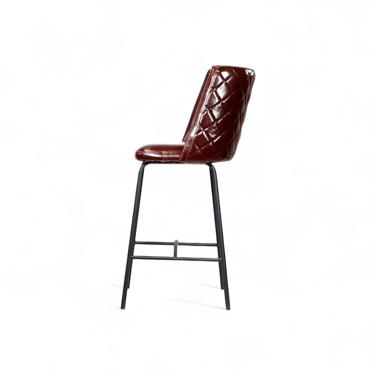 Opposite side view of the Vaya Home Morkrod bar stool featuring dark brown quilted upholstery and black metal legs.