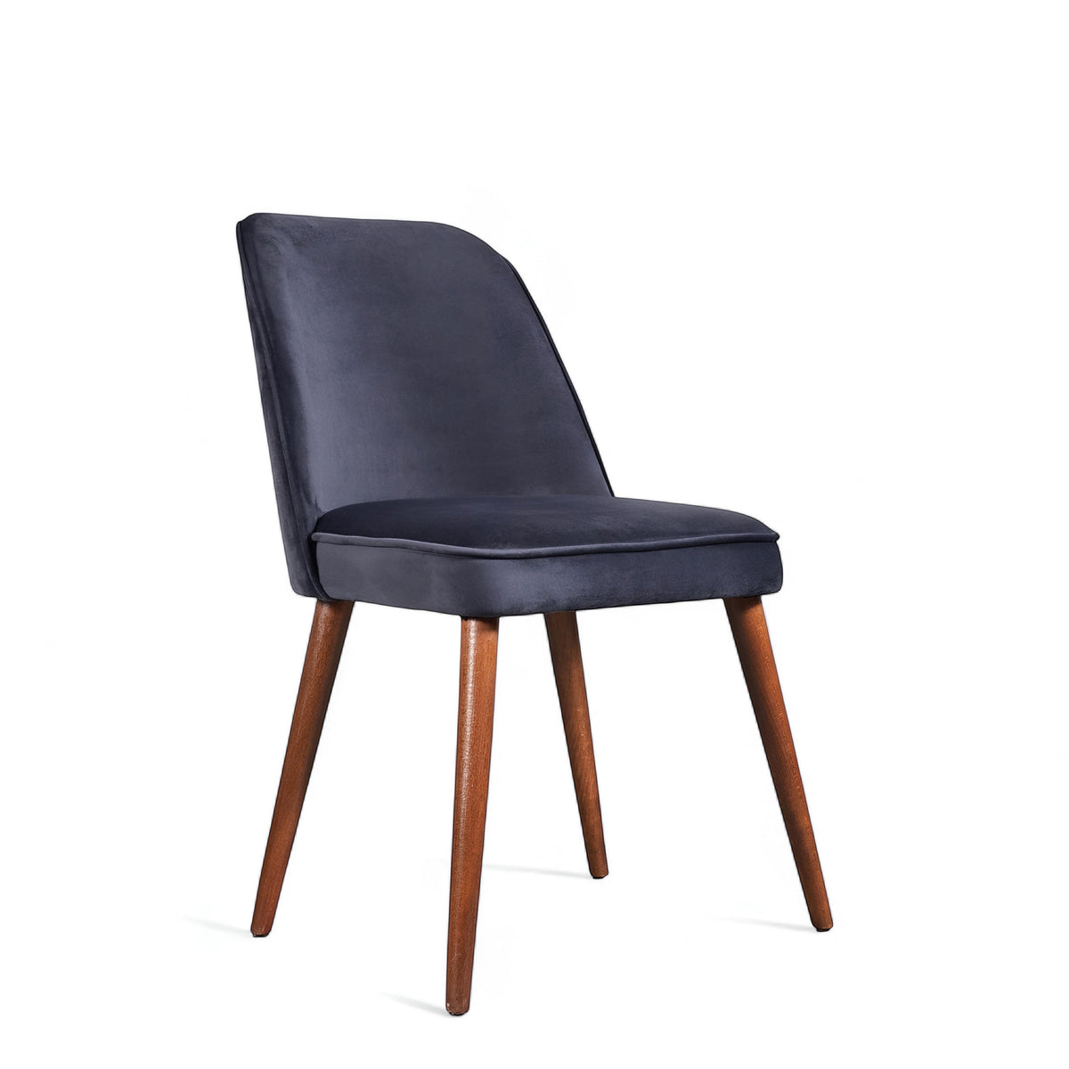 Front angled view of the Vaya Home Netto dining chair with dark blue upholstery, cushioned seat, and tapered wood legs.