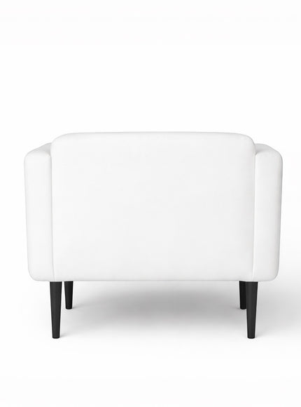 Back view of the Vaya Home Nexus accent chair featuring white upholstery and black tapered legs.