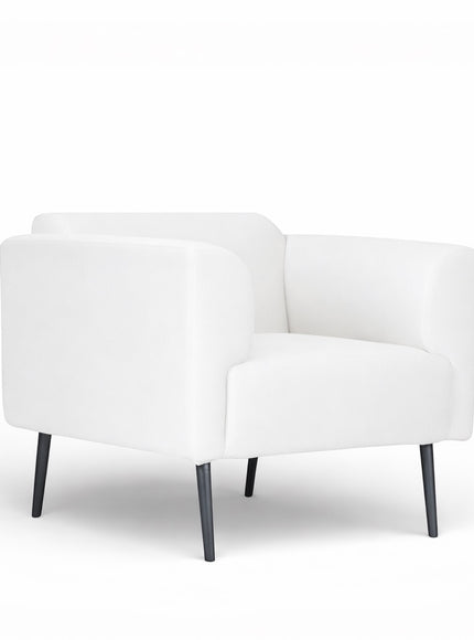 Front angled view of the Vaya Home Nexus accent chair with white upholstery, square arms, and black tapered legs.