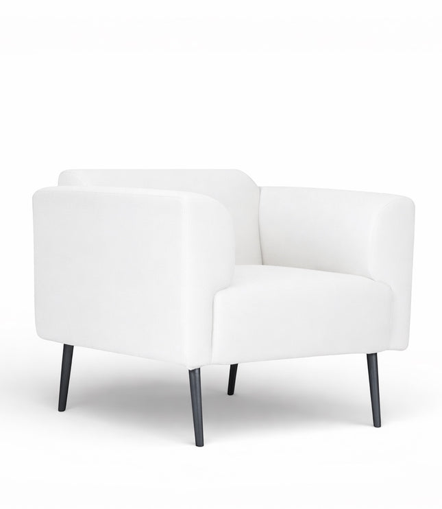 Front angled view of the Vaya Home Nexus accent chair with white upholstery, square arms, and black tapered legs.