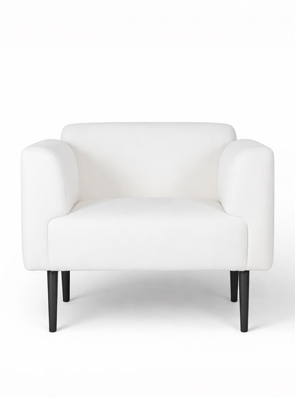 Front view of the Vaya Home Nexus accent chair featuring white upholstery, a cushioned seat, square arms, and black tapered legs.
