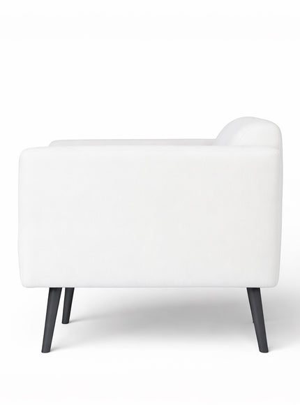 Rear angled view of the Vaya Home Nexus accent chair with white upholstery, clean-lined back, and black tapered legs.