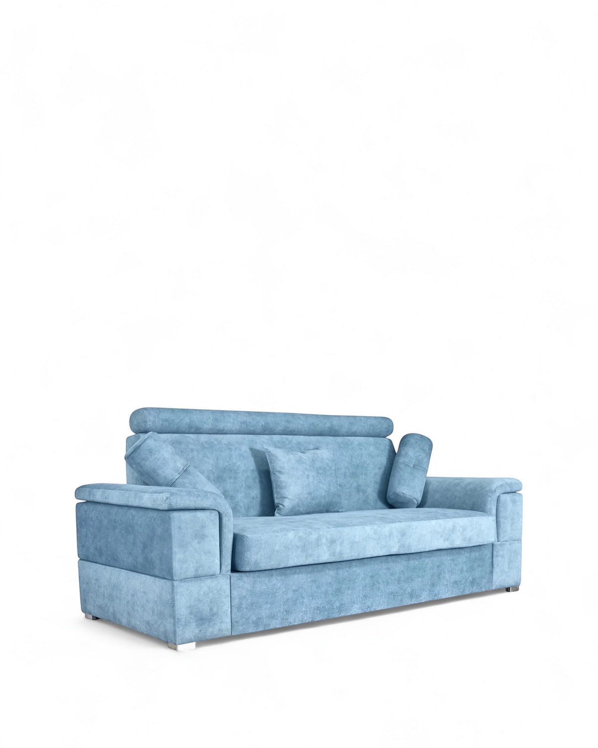 Angled view of the Vaya Home Opulence sofa with blue upholstery, plush back cushions, bolster pillows, and wide arms.