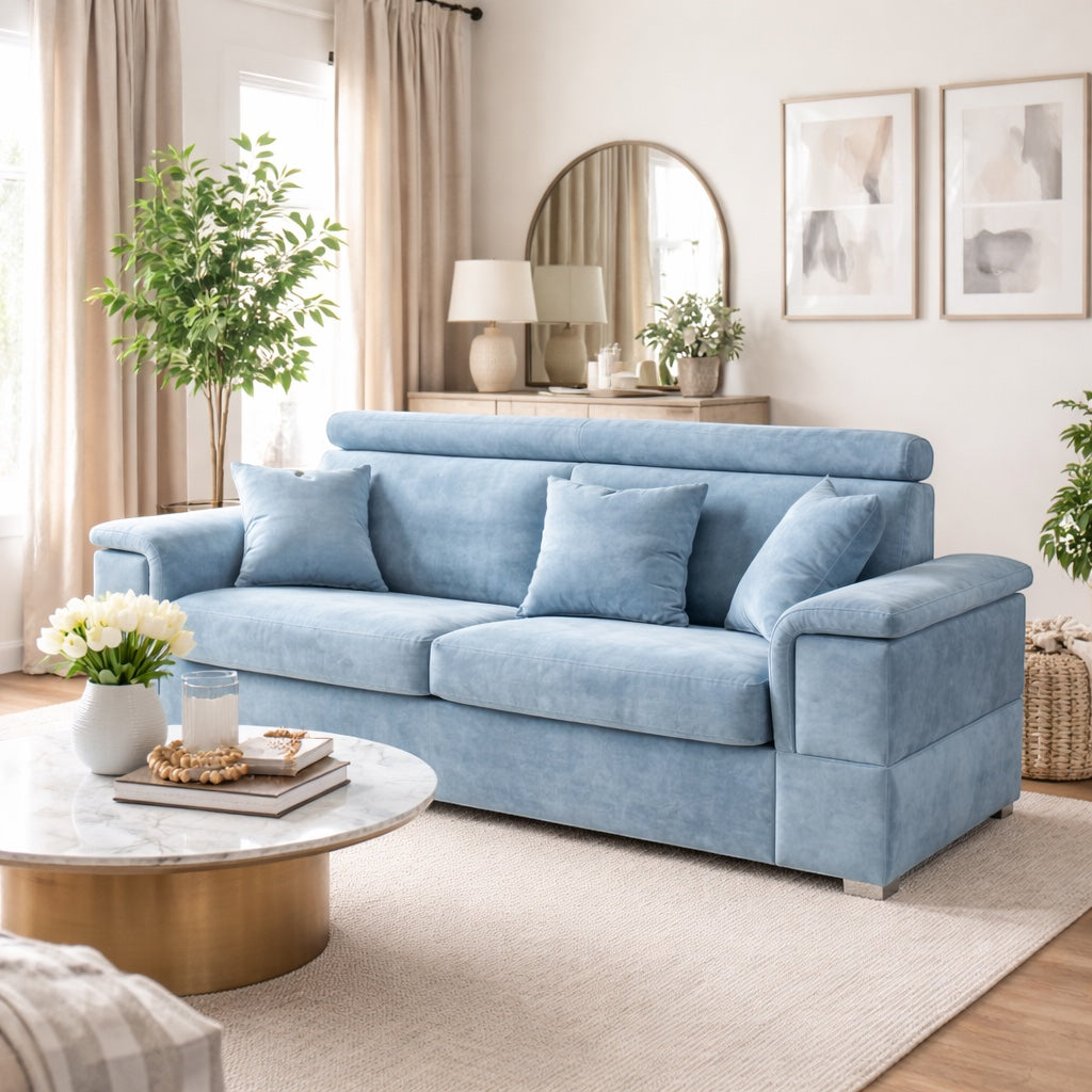 Vaya Home Opulence sofa in blue upholstery, styled in a bright modern living room.