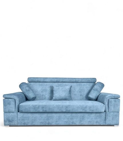 Front view of the Vaya Home Opulence sofa featuring blue upholstery, deep seat cushions, bolster pillows, and wide arms.