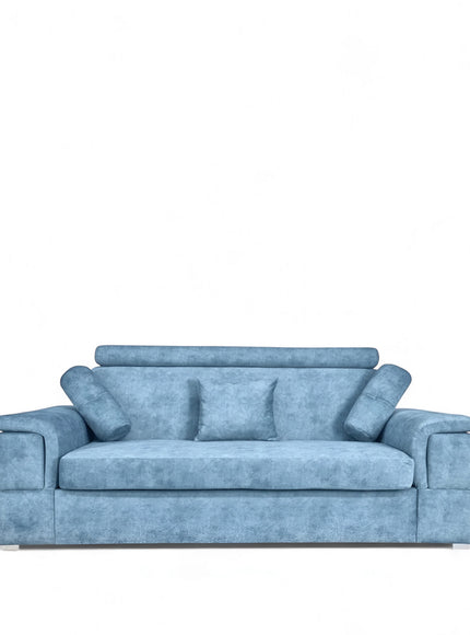Front view of the Vaya Home Opulence sofa featuring blue upholstery, deep seat cushions, bolster pillows, and wide arms.