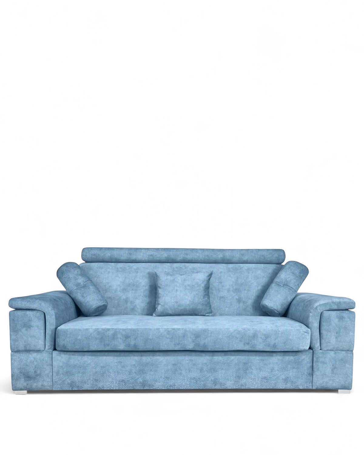 Front view of the Vaya Home Opulence sofa featuring blue upholstery, deep seat cushions, bolster pillows, and wide arms.