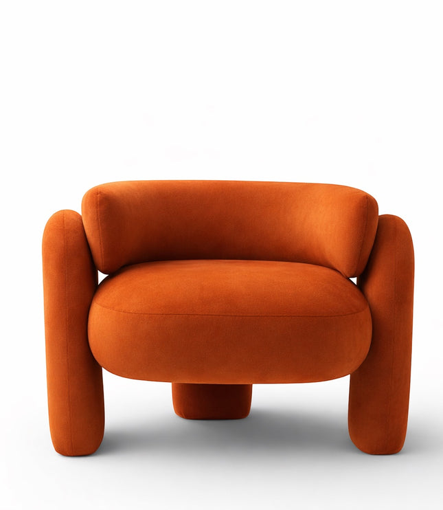 Front view of the Vaya Home Orbit accent chair with rounded backrest, curved armrests, and orange upholstered seat.