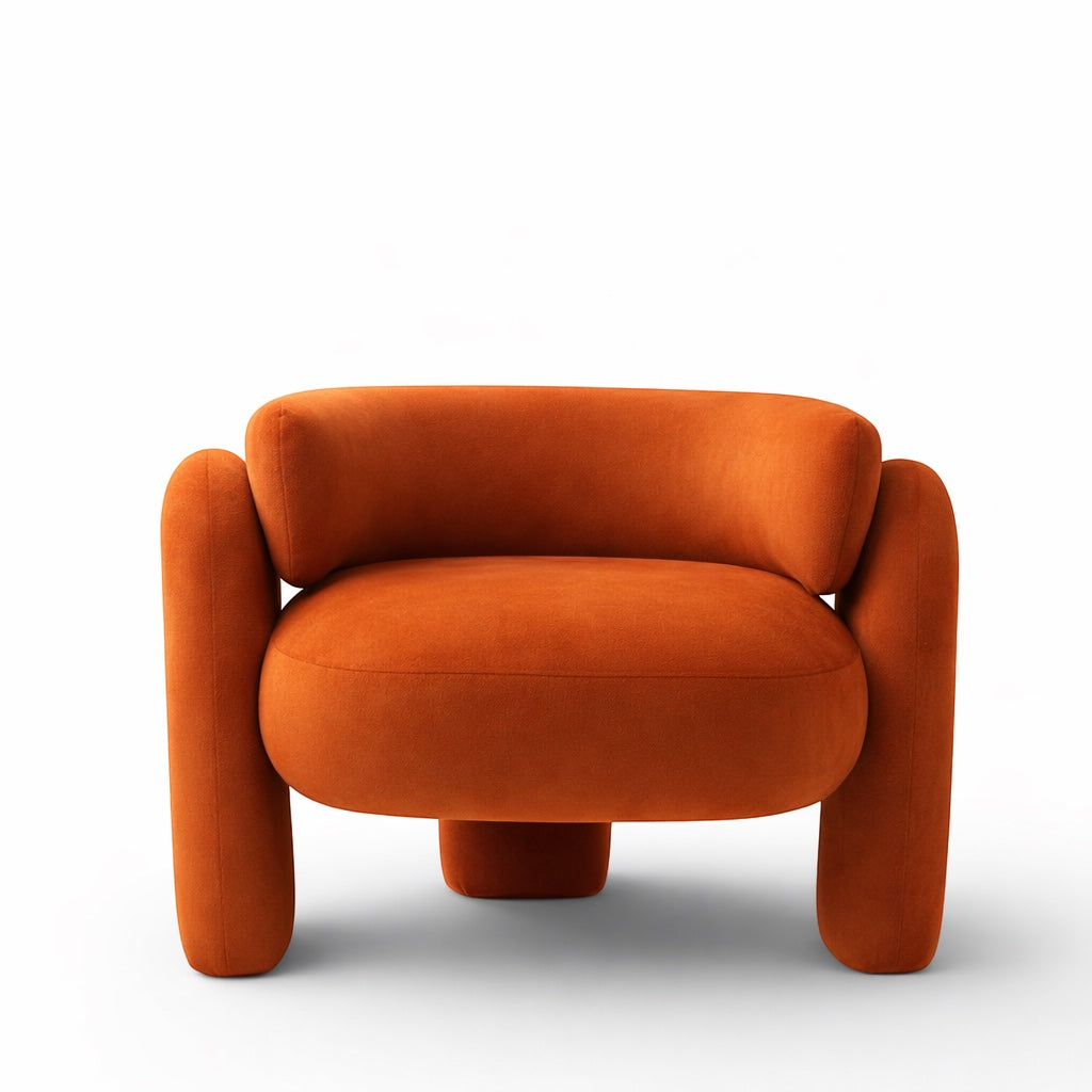 Front view of the Vaya Home Orbit accent chair with rounded backrest, curved armrests, and orange upholstered seat.
