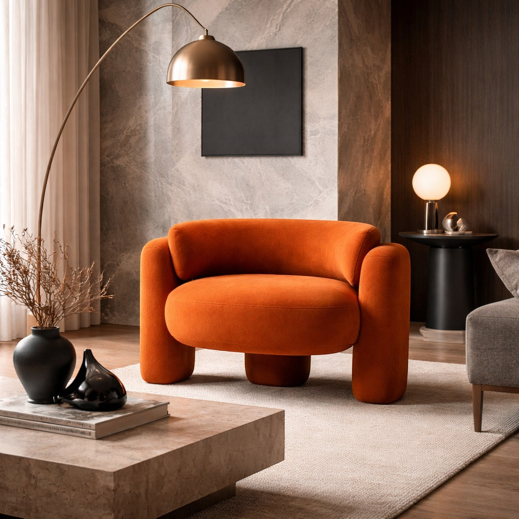 Vaya Home Orbit accent chair in orange upholstery, styled in a modern living room.