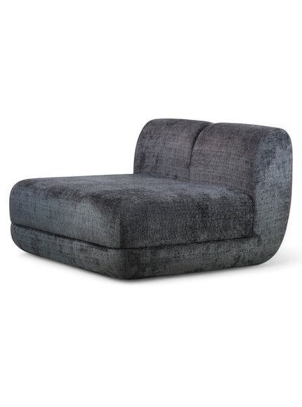 Angled front view of the Vaya Home Origin left corner module with charcoal textured upholstery and rounded side support.