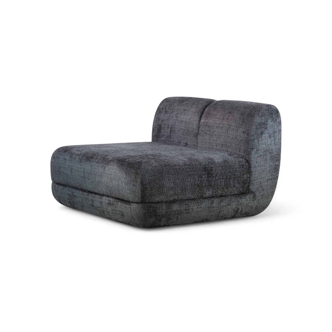 Angled front view of the Vaya Home Origin left corner module with charcoal textured upholstery and rounded side support.