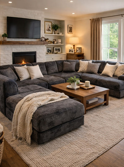 Vaya Home Origin modular sofa in charcoal textured upholstery, styled in a cozy modern living room with matching ottoman.