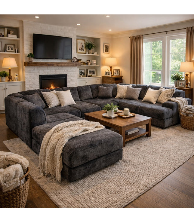 Vaya Home Origin modular sofa in charcoal textured upholstery, styled in a cozy modern living room with matching ottoman.