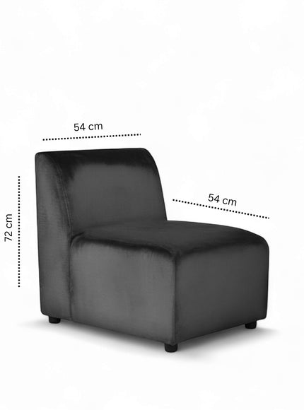 Vaya Home Pacco central module in grey upholstery with product dimensions shown.