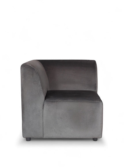 Front view of the Vaya Home Pacco left corner module in grey upholstery.