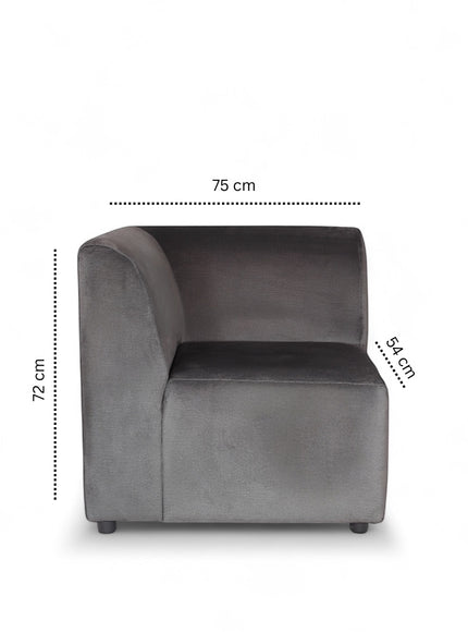 Vaya Home Pacco left corner module in grey upholstery with product dimensions shown.