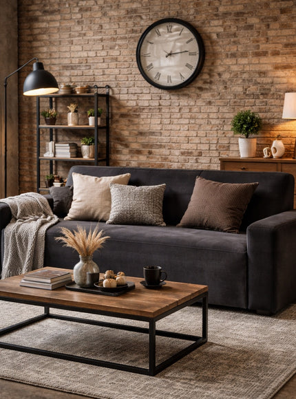 Vaya Home Pacco modular sofa in grey upholstery, styled in an industrial modern living room with accent cushions.