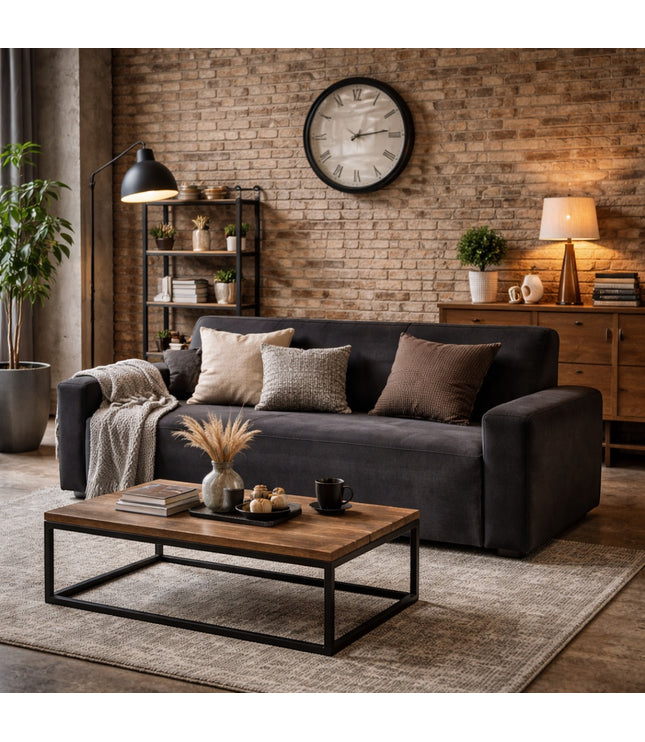 Vaya Home Pacco modular sofa in grey upholstery, styled in an industrial modern living room with accent cushions.