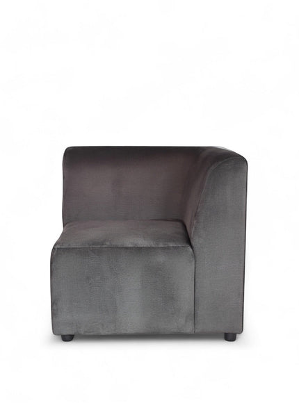 Front view of the Vaya Home Pacco right corner module in grey upholstery.