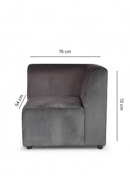 Vaya Home Pacco right corner module in grey upholstery with product dimensions shown.