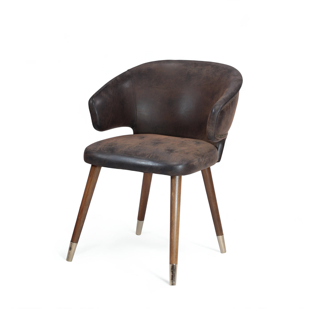 Front angled view of the Vaya Home Pelle accent chair featuring dark brown leather-look upholstery, sculpted arms, and tapered wood legs with metal caps.