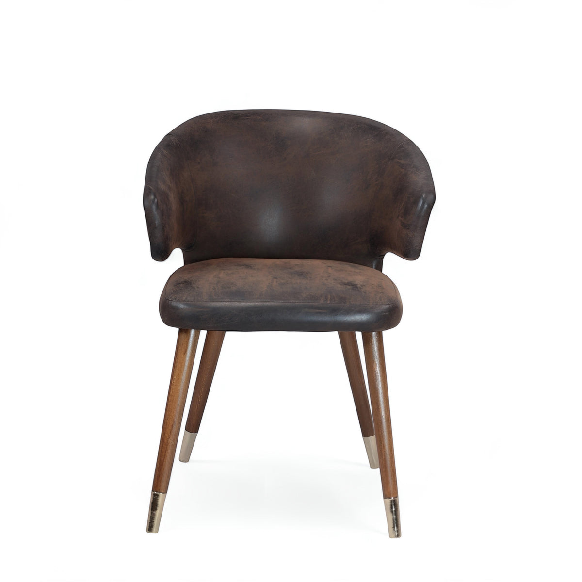 Front view of the Vaya Home Pelle accent chair featuring dark brown leather-look upholstery, a curved backrest, and tapered wood legs with metal caps.