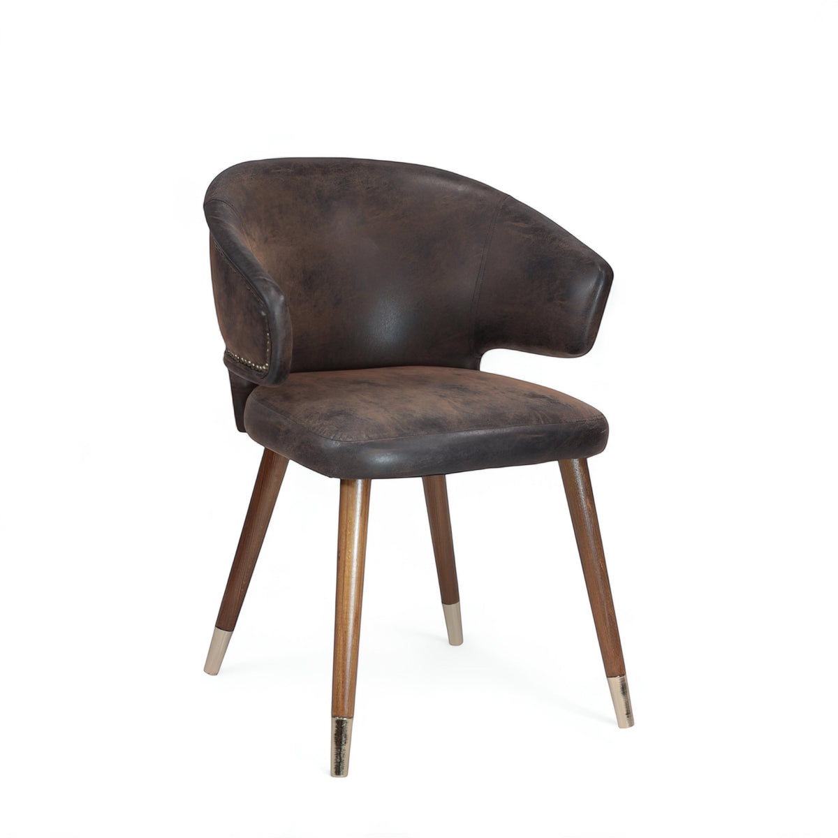 Product view of the Vaya Home Pelle accent chair in dark brown leather-look upholstery with curved back, nailhead trim, and tapered wood legs.