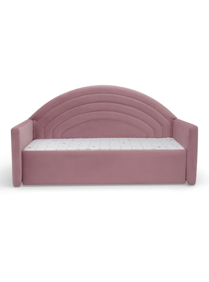 Front view of the Vaya Home Rainbow kids bed featuring pink upholstery and a rainbow-arched headboard.