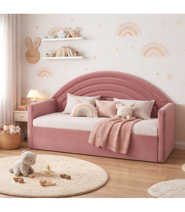 Vaya Home Rainbow kids bed in pink upholstery with an arched rainbow-style headboard, styled in a pastel children's bedroom.