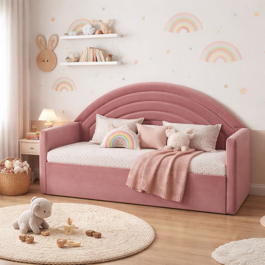 Vaya Home Rainbow kids bed in pink upholstery with an arched rainbow-style headboard, styled in a pastel children's bedroom.