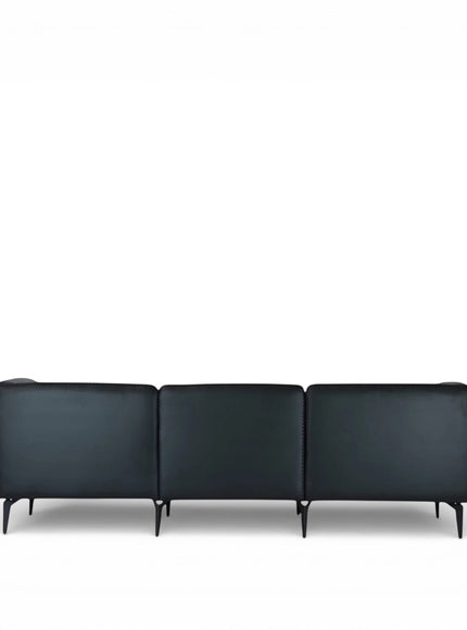 Back view of the Vaya Home Regalo sofa featuring black leather upholstery, three-panel backrest, and slim metal legs.
