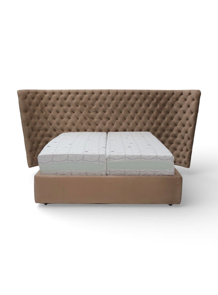 Front view of the Vaya Home Regent upholstered bed with a taupe fabric base and diamond-tufted wingback headboard.