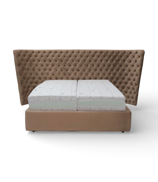 Front view of the Vaya Home Regent upholstered bed with a taupe fabric base and diamond-tufted wingback headboard.