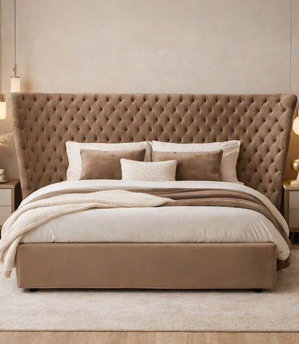 Vaya Home Regent upholstered bed in taupe fabric with a tufted wingback headboard, styled in a modern bedroom.