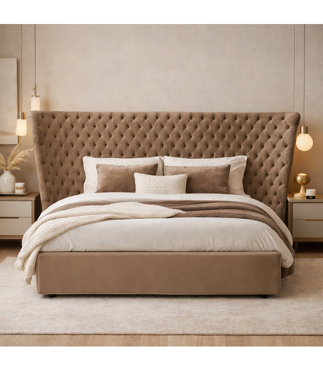 Vaya Home Regent upholstered bed in taupe fabric with a tufted wingback headboard, styled in a modern bedroom.