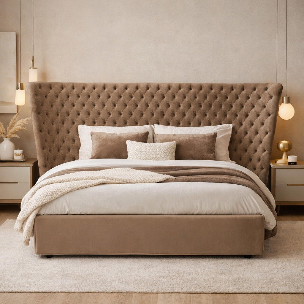 Vaya Home Regent upholstered bed in taupe fabric with a tufted wingback headboard, styled in a modern bedroom.