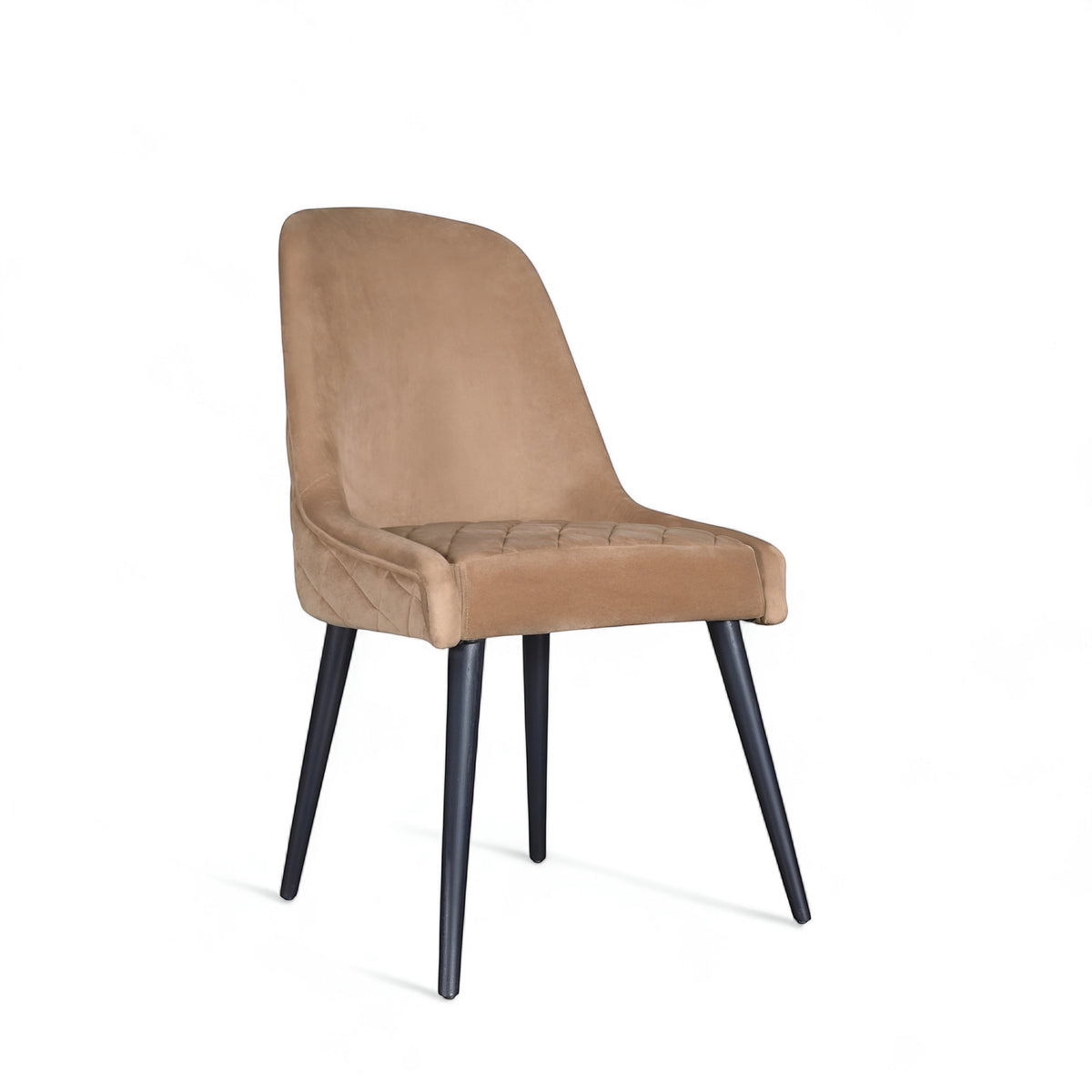 Side view of the Vaya Home Reverie dining chair with beige upholstery, slim profile, and black tapered legs.