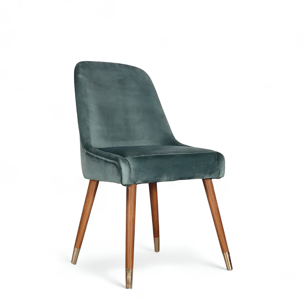 Front angled view of the Vaya Home Reverie dining chair with blue upholstery, cushioned seat, and tapered wood legs.