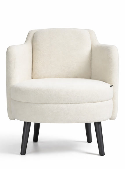 Front view of the Vaya Home Ribbon accent chair with ivory upholstery, rounded seat, and black tapered legs.