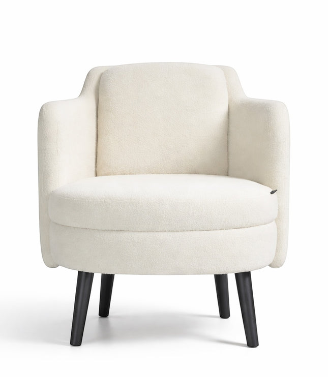 Front view of the Vaya Home Ribbon accent chair with ivory upholstery, rounded seat, and black tapered legs.