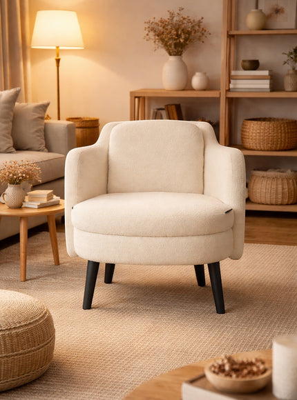 Vaya Home Ribbon accent chair in ivory upholstery, styled in a warm neutral living room.