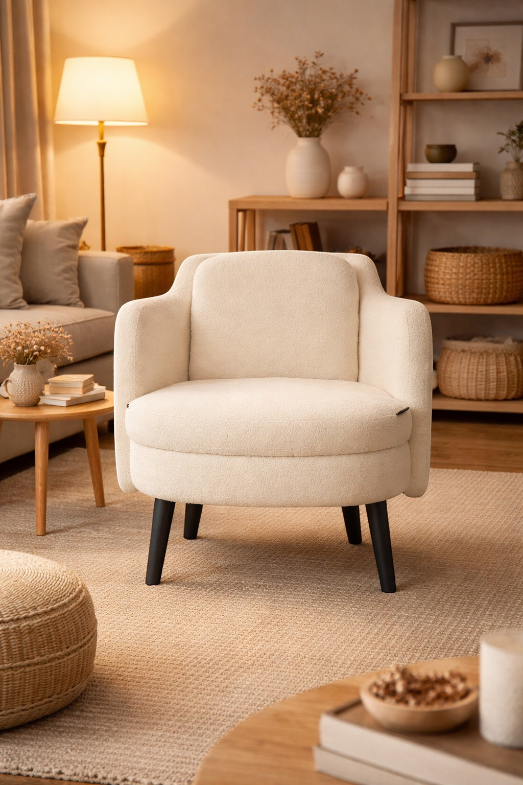 Vaya Home Ribbon accent chair in ivory upholstery, styled in a warm neutral living room.