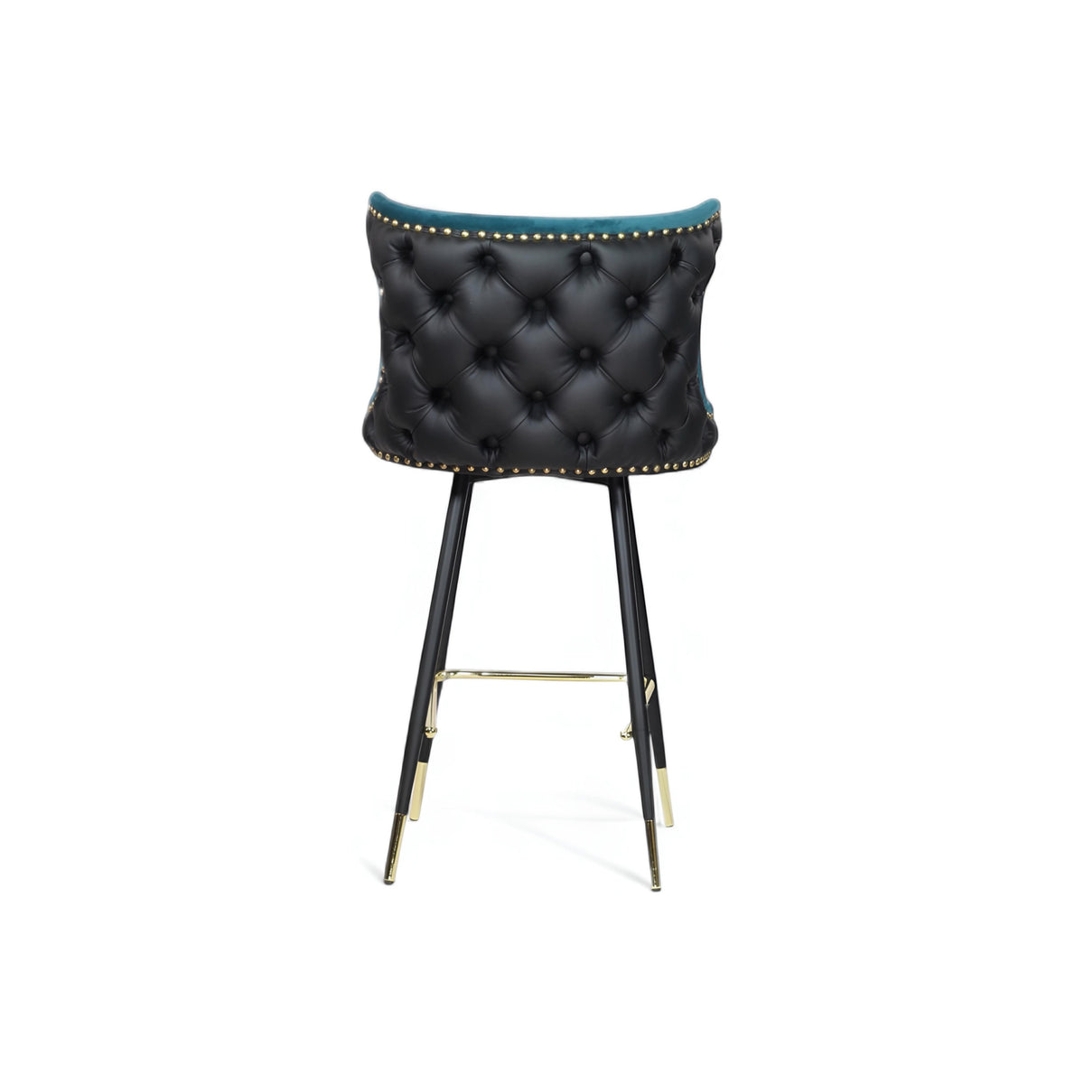 Back view of the Vaya Home Roket bar stool featuring a black button-tufted backrest, blue trim, and black metal legs with gold accents.