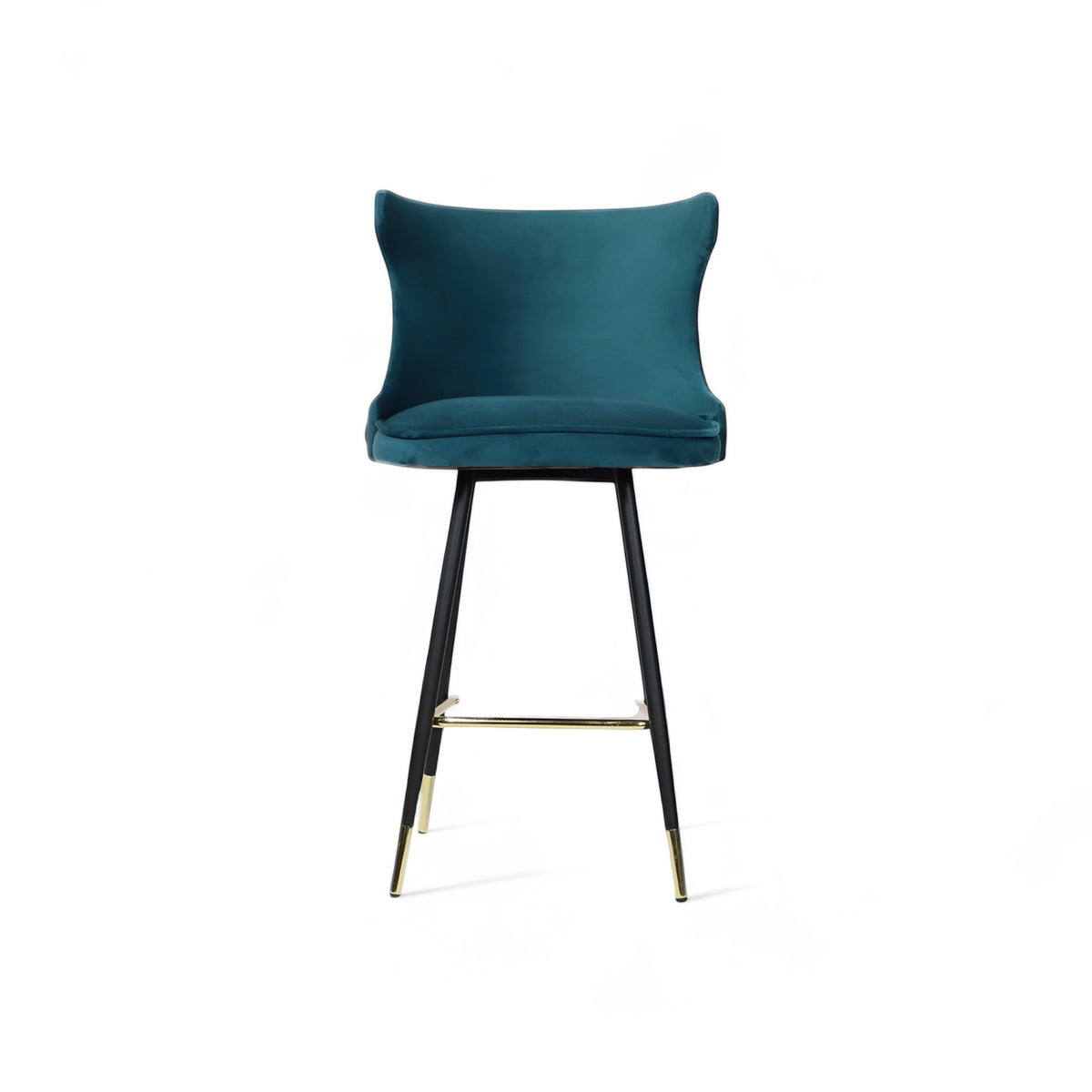 Front view of the Vaya Home Roket bar stool with blue upholstery, sculpted backrest, and black metal legs with gold accents.